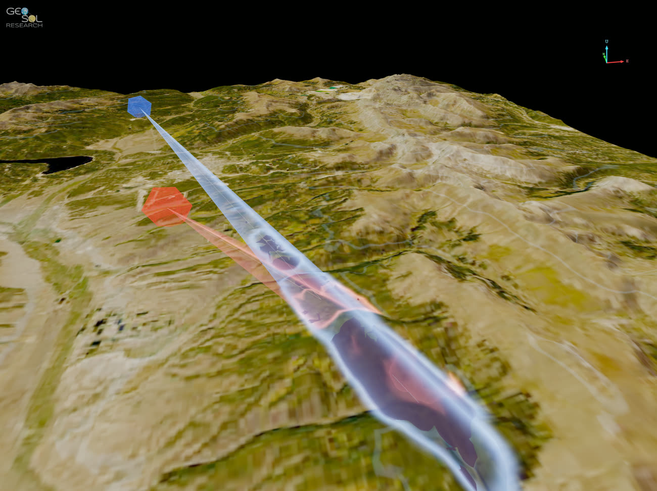 Two AOA cones with terrain line-of-sight shadowing on DTED 2
